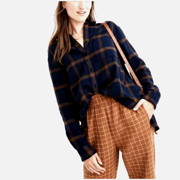 Madewell Tops - Madewell Flannel Oversized Ex-Boyfriend Shirt Forbell Plaid Navy Button Down SM